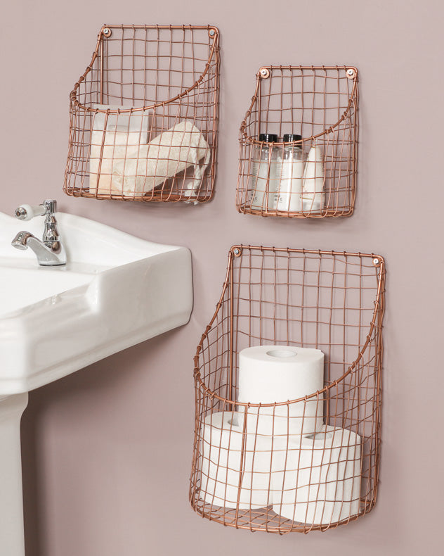 Set of 3 Wall Mounted Copper Storage Baskets