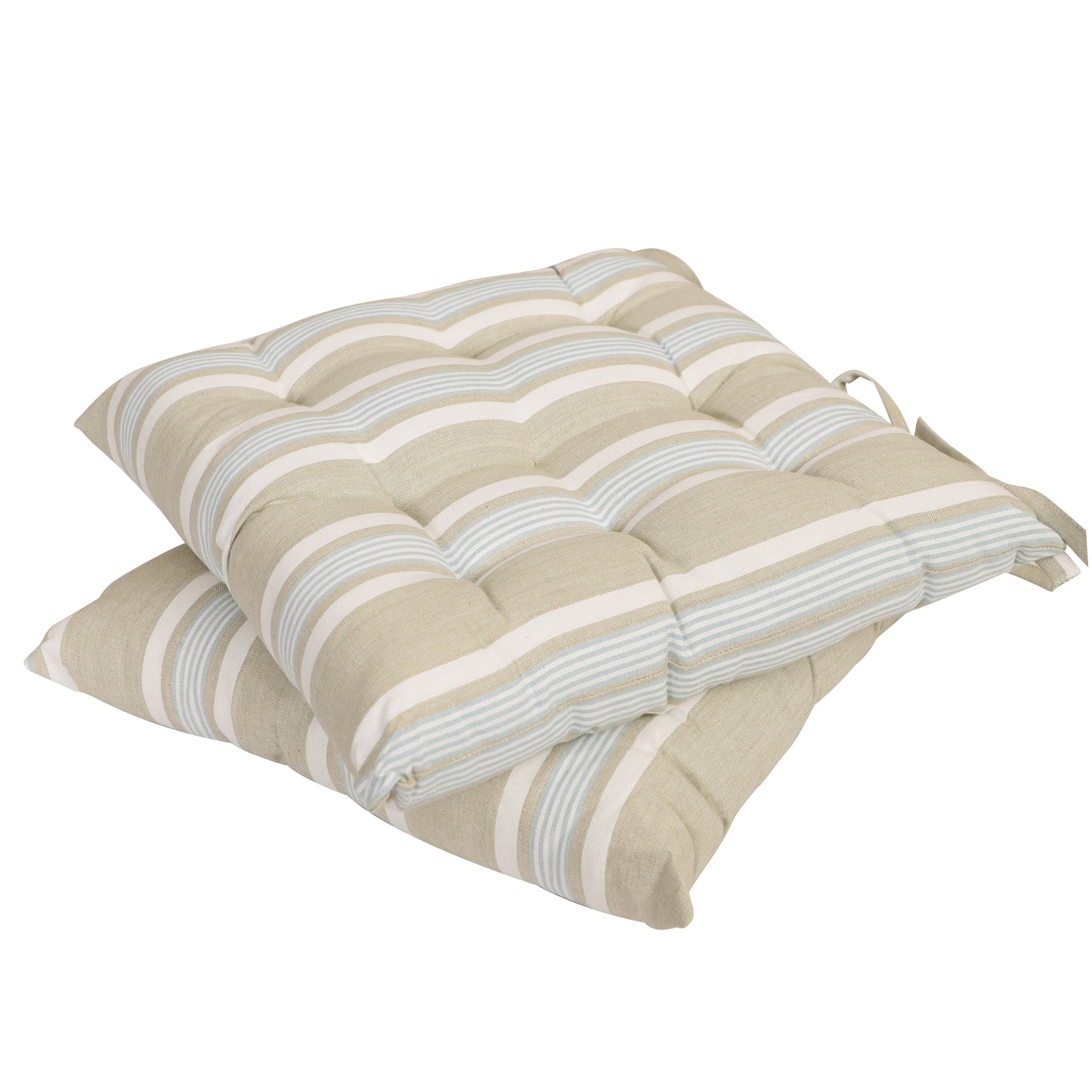 Set of 2 Blue Striped Tie On Garden Seat Pad Cushions