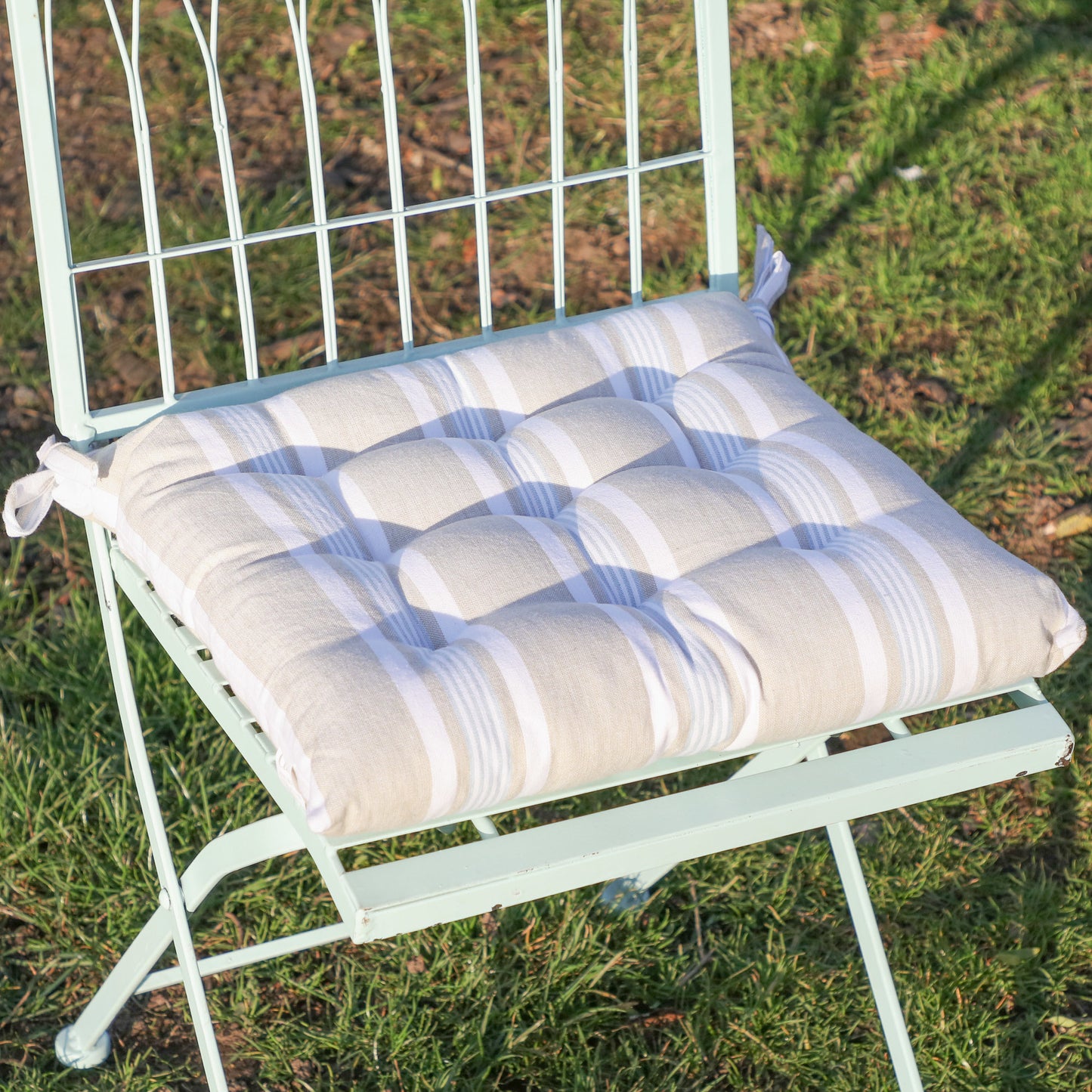 Set of 2 Blue Striped Tie On Garden Seat Pad Cushions