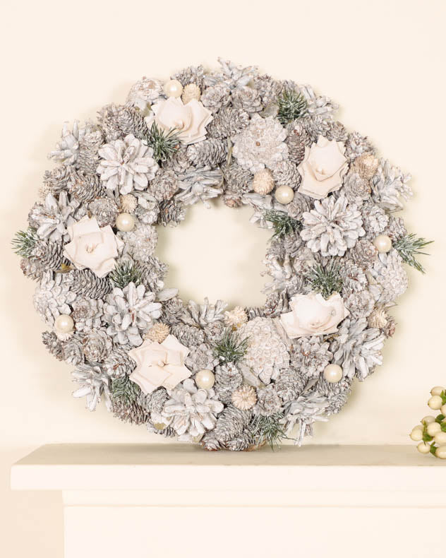 Frosted Flower and Pinecone Christmas Wreath 33cm