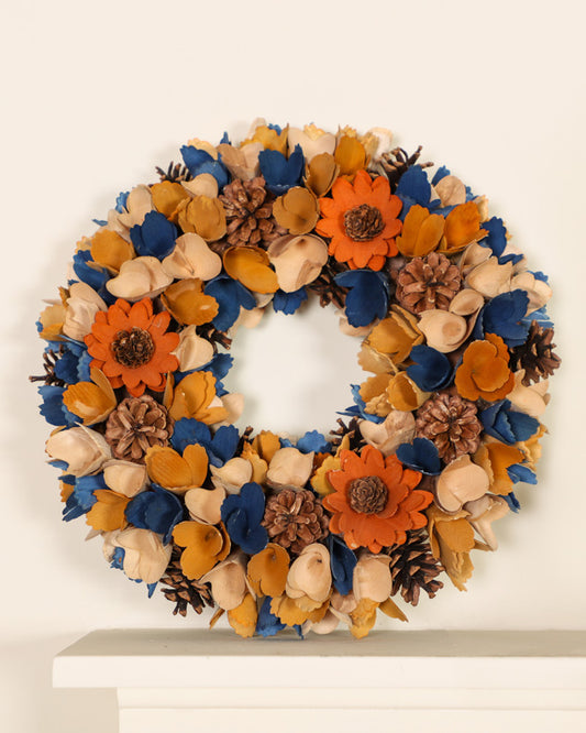 blue orange door wreath