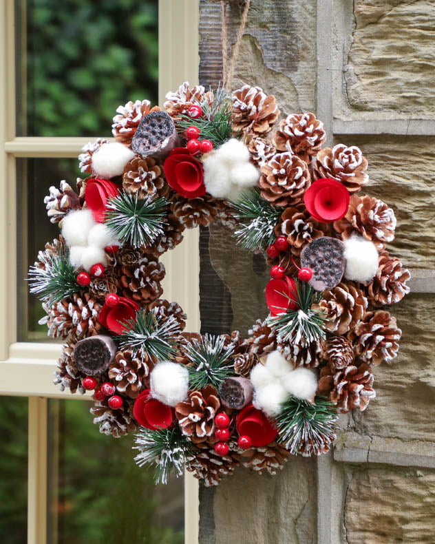 Winter Snow Pinecone and Roses Wreath 38cm
