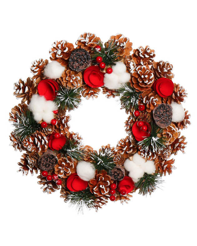 Winter Snow Pinecone and Roses Wreath 38cm