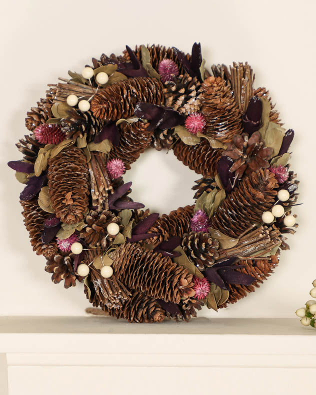 pinecone purple and white christmas wreath