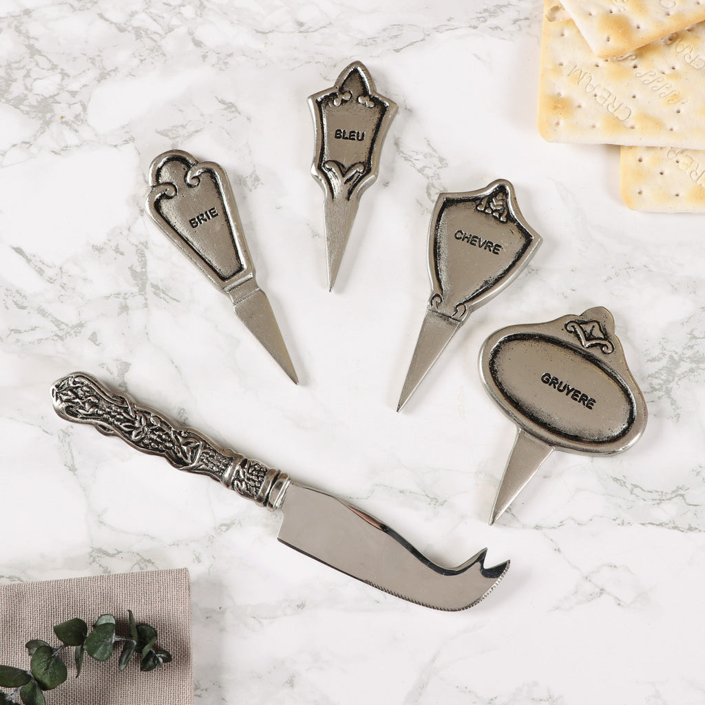 Set of 4 Silver French Cheese Markers and Cheese Knife