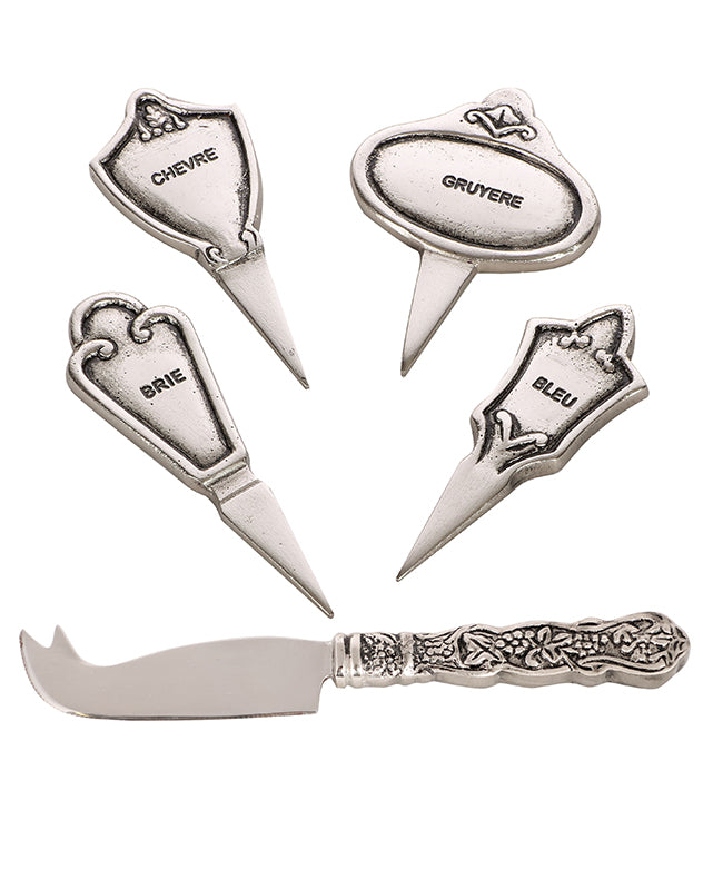 Set of 4 Silver French Cheese Markers and Cheese Knife