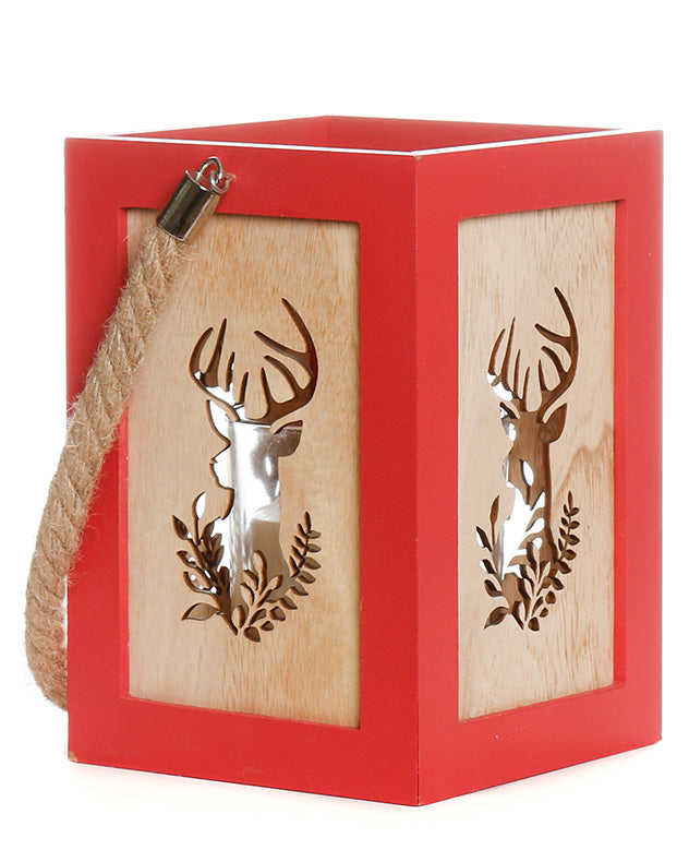 Red Wooden Stag Christmas Candle Lantern