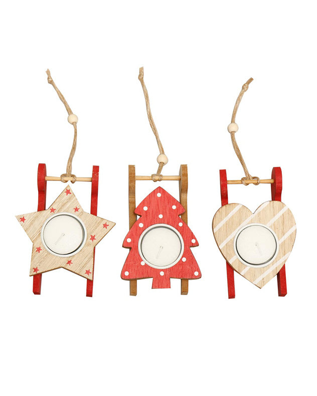 Assorted Set of 3 Red Wooden Sledge Tealight Holders