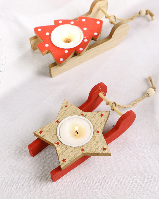 Assorted Set of 3 Red Wooden Sledge Tealight Holders