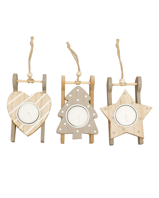 Assorted Set of 3 Grey Wooden Sledge Tealight Holders