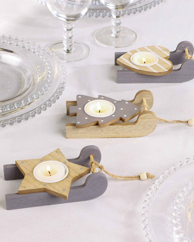Assorted Set of 3 Grey Wooden Sledge Tealight Holders