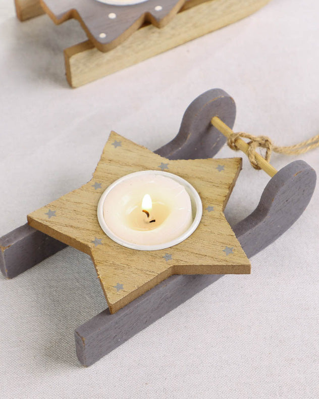 Assorted Set of 3 Grey Wooden Sledge Tealight Holders