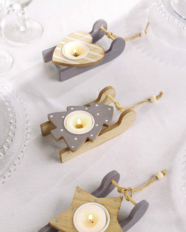Assorted Set of 3 Grey Wooden Sledge Tealight Holders