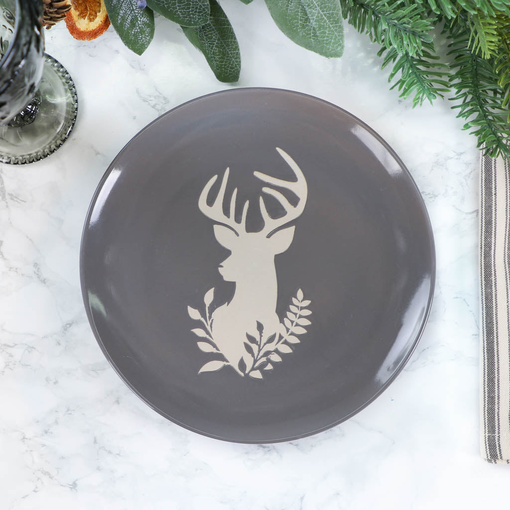 Set of 4 Grey Stoneware Reindeer Side Plates