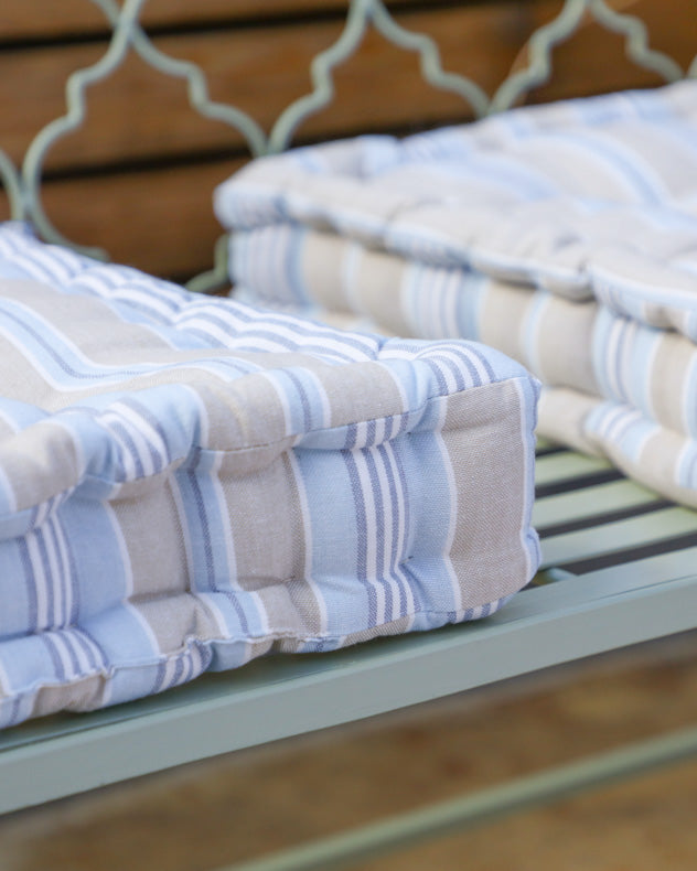 Set of 2 Oxford Stripe Seat Pads Outdoor Blue Garden Box Cushions