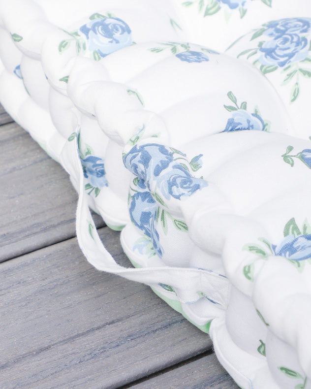 Heritage Bloom Blue Floral Print Vintage Bench Cushion