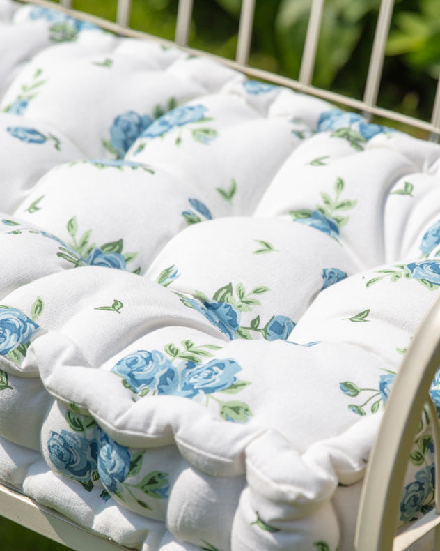 Heritage Bloom Blue Floral Print Vintage Bench Cushion
