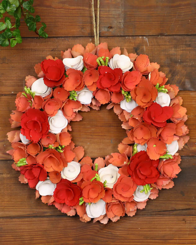 Peach Pink Wooden Flower Summer Wreath 35cm