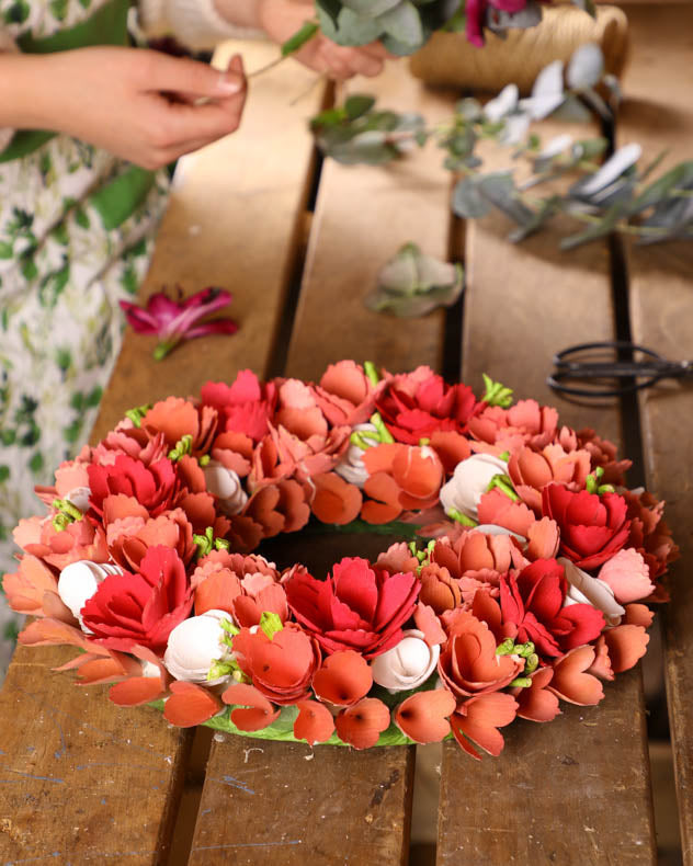 Peach Pink Wooden Flower Summer Wreath 35cm