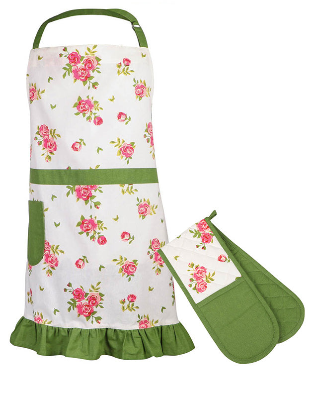 Vintage Floral Kitchen Apron and Oven Glove Set
