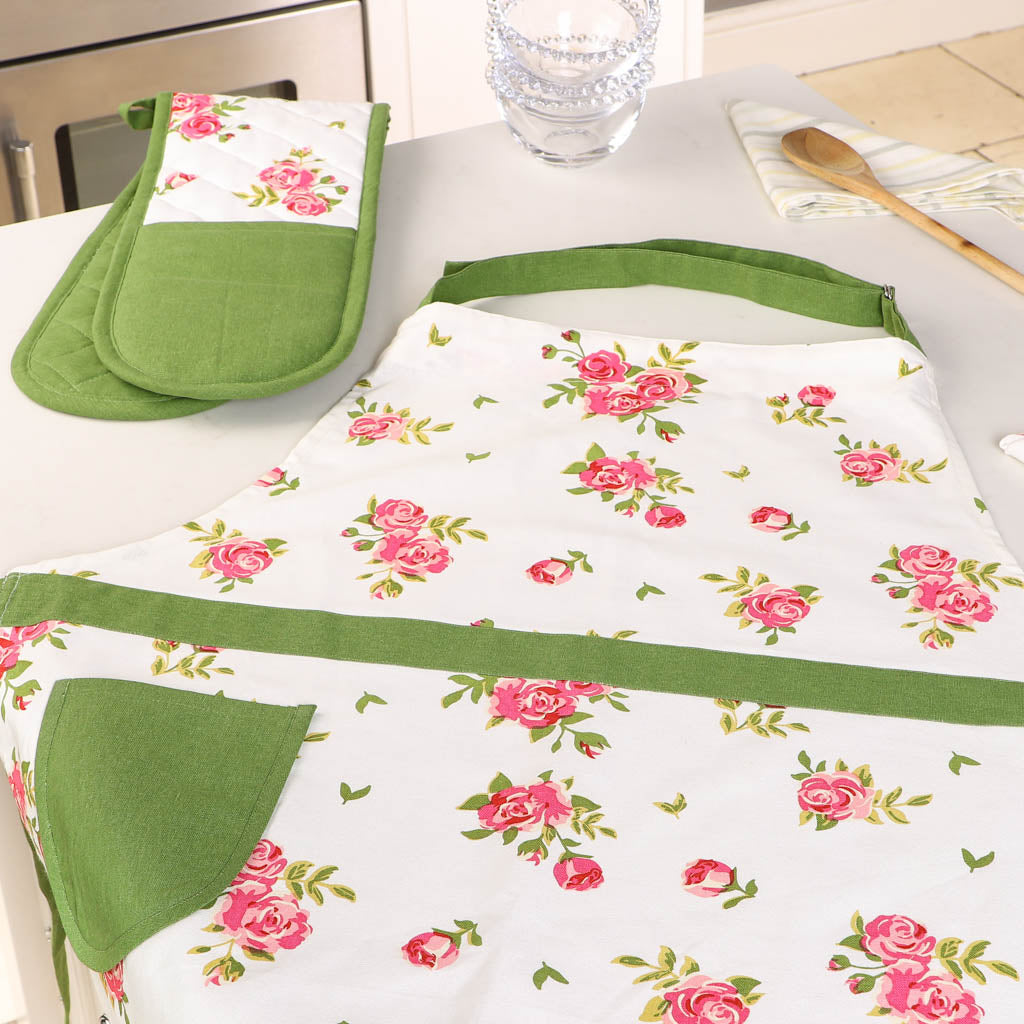 Vintage Floral Kitchen Apron and Oven Glove Set