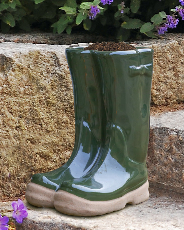 green ceramic welly boot planter