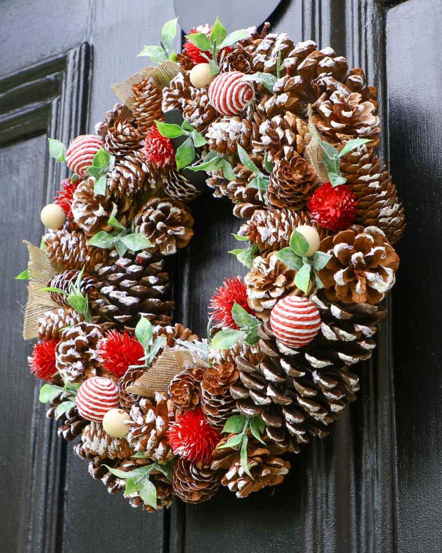 candy cane pinecone door wreath