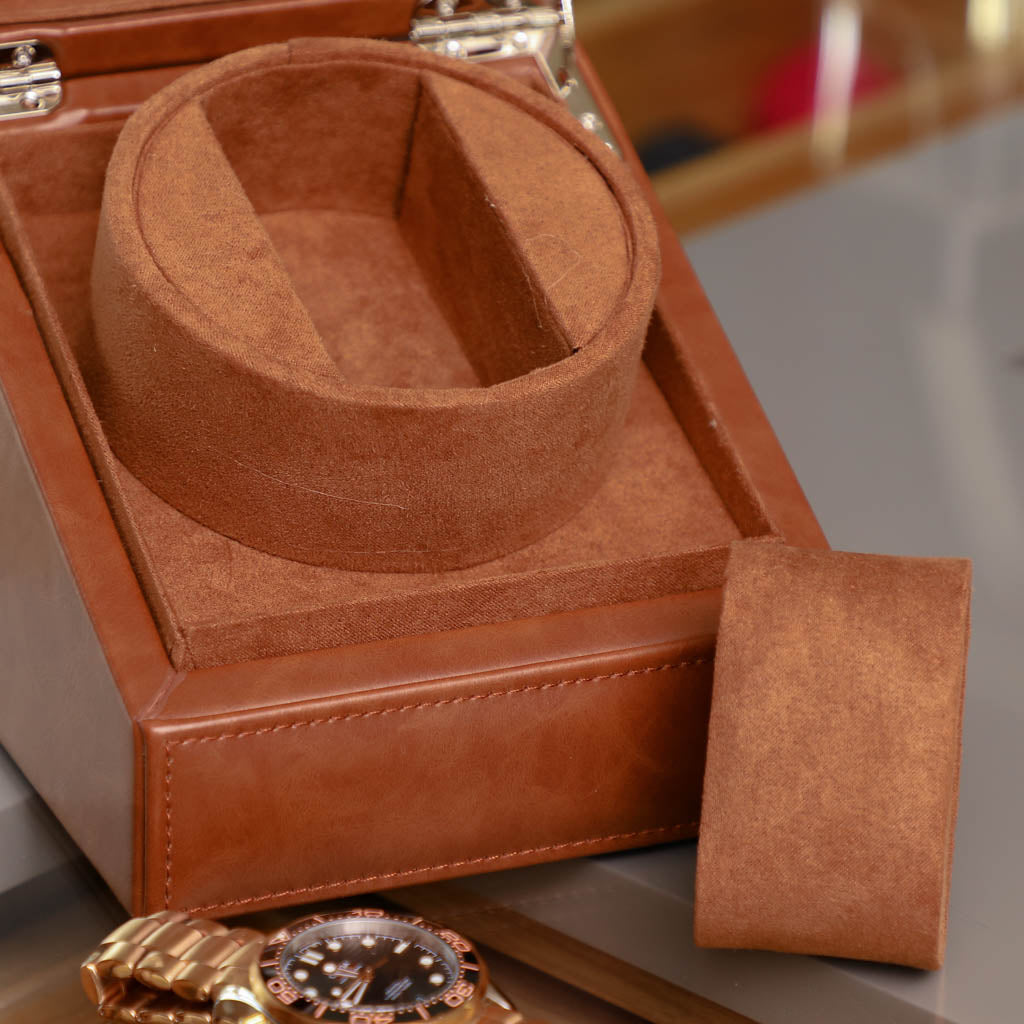 Tan Brown Leather Single Watch Display Case