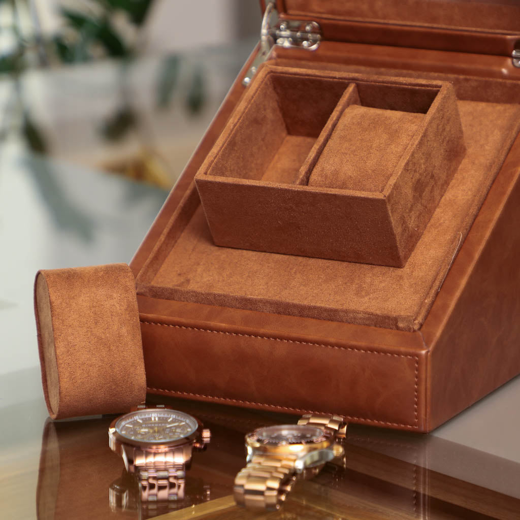 Tan Brown Leather Double Watch Display Case