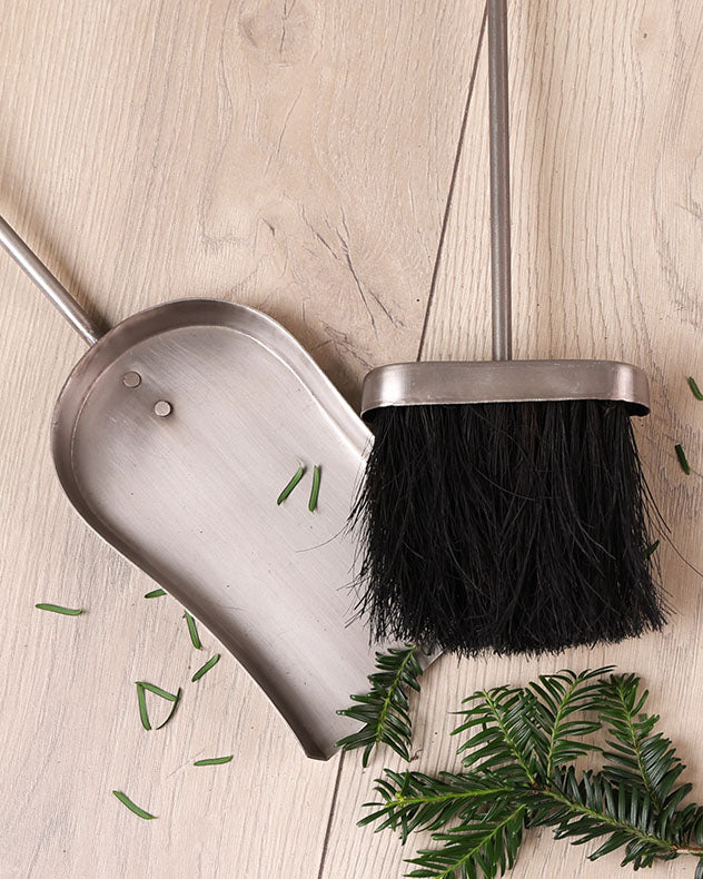 Fireside brush and shovel in pewter