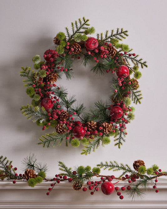 apple red berry christmas wreath and christmas garland