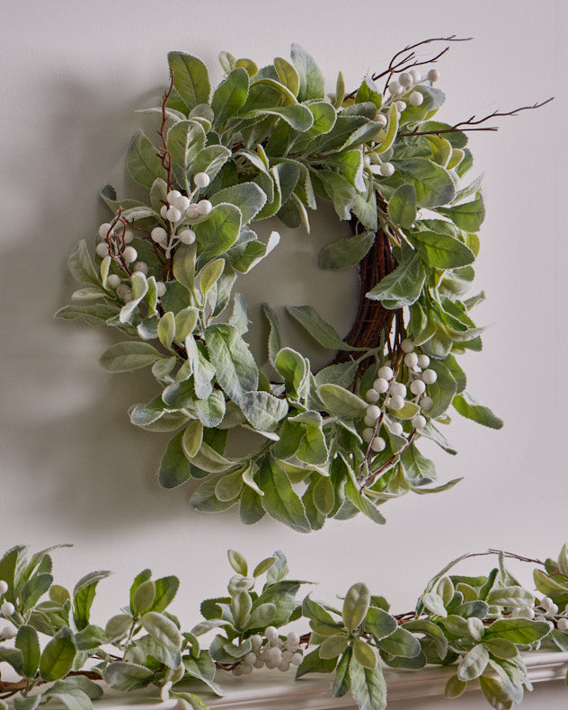 white berry lambs ear christmas wreath and garland