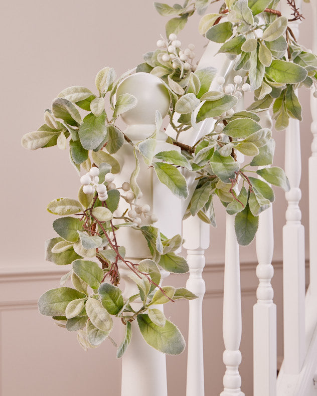 lambs ear christmas garland on banister