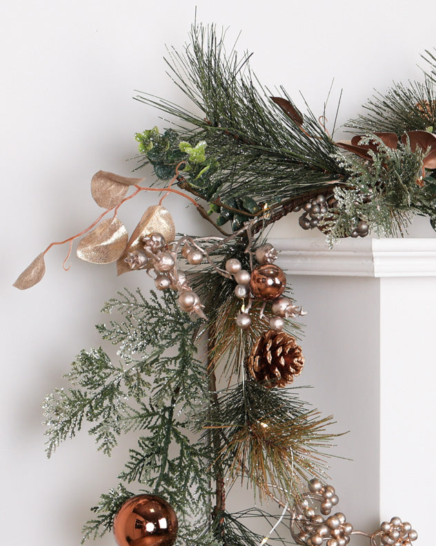 Green and Gold Garland on Mantle