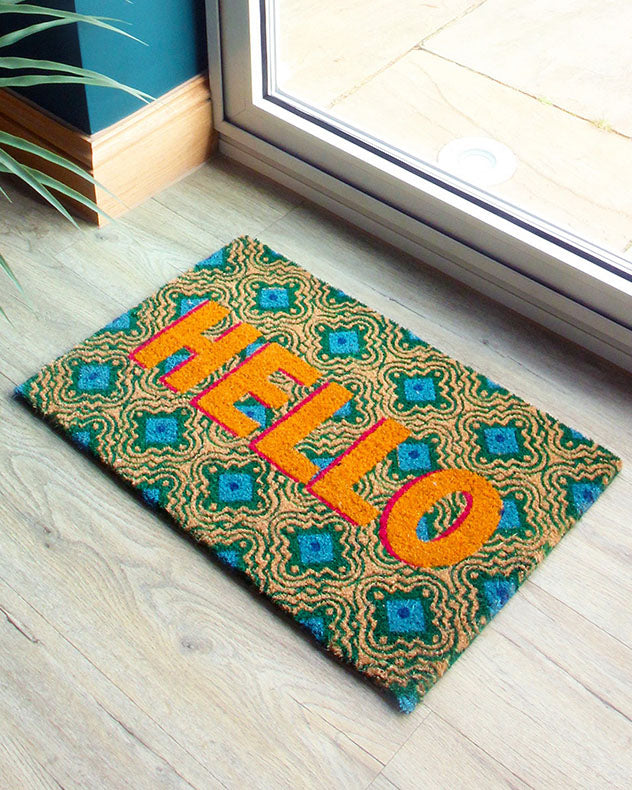 Hello Natural Coir Peacock Feather Doormat