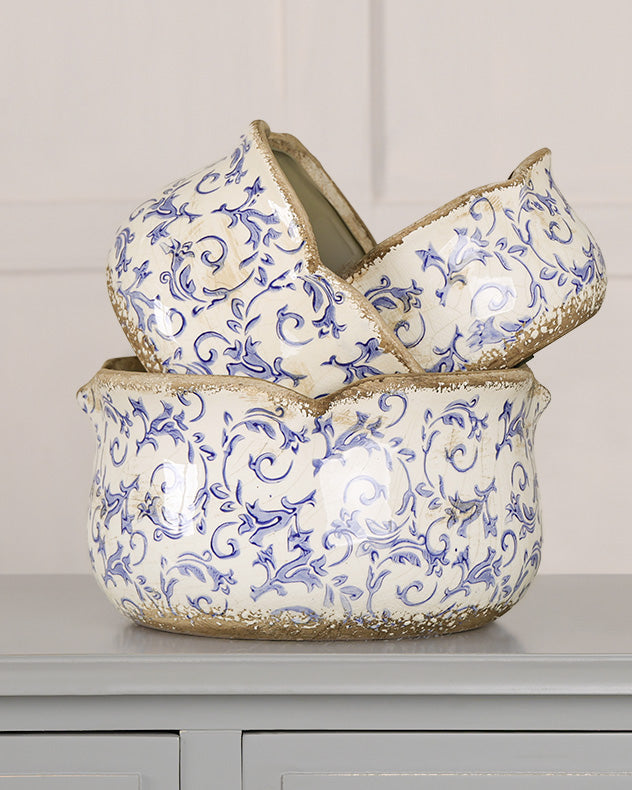 set of 3 floral ceramic indoor planters