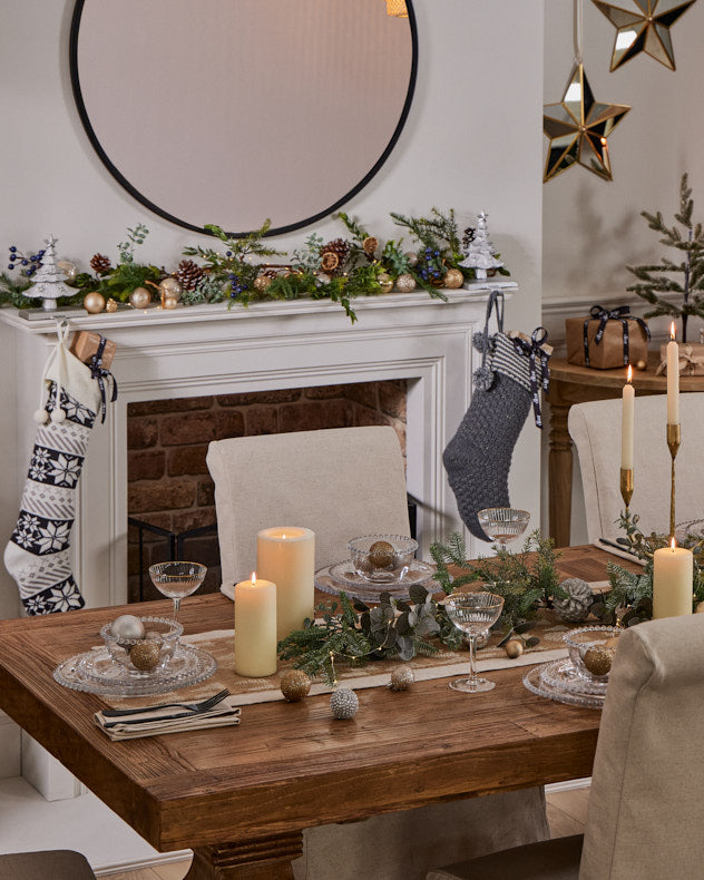 christmas dining room with rustic wooden dining table