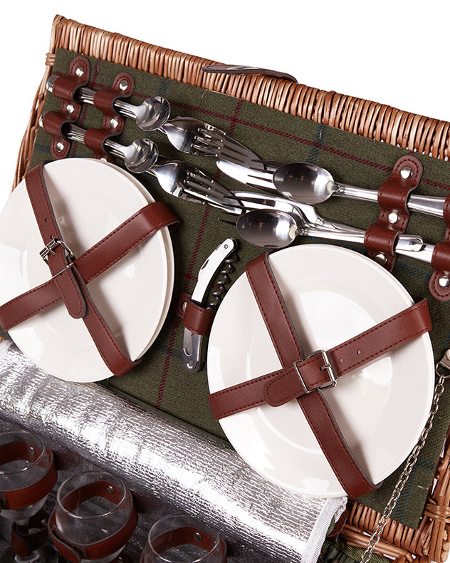 Four Person Green Tweed Chest Picnic Hamper