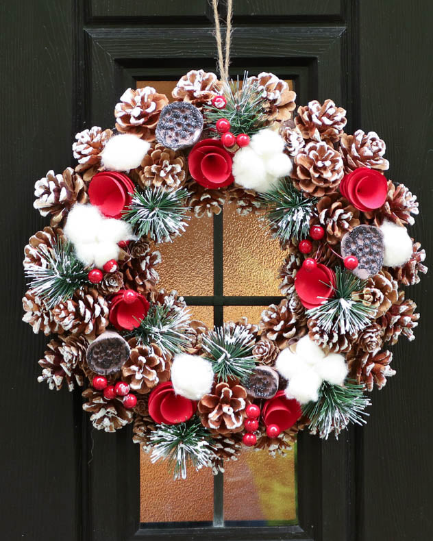 Winter Snow Pinecone and Roses Wreath 38cm