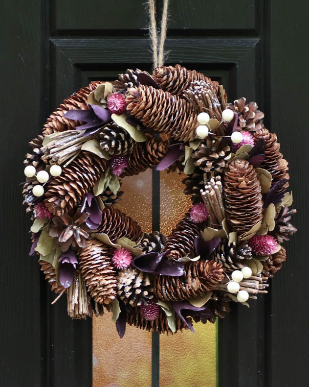 purple pinecone wreath