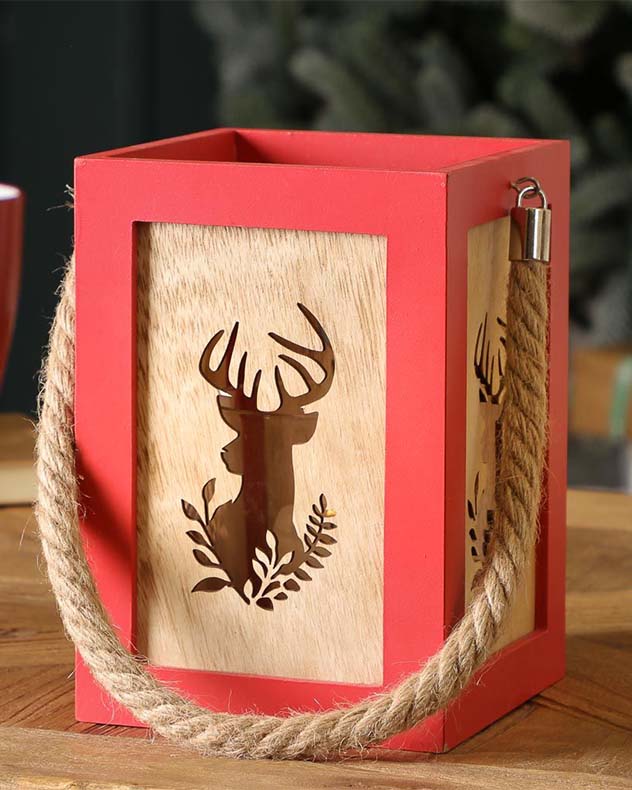 Red Wooden Stag Christmas Candle Lantern