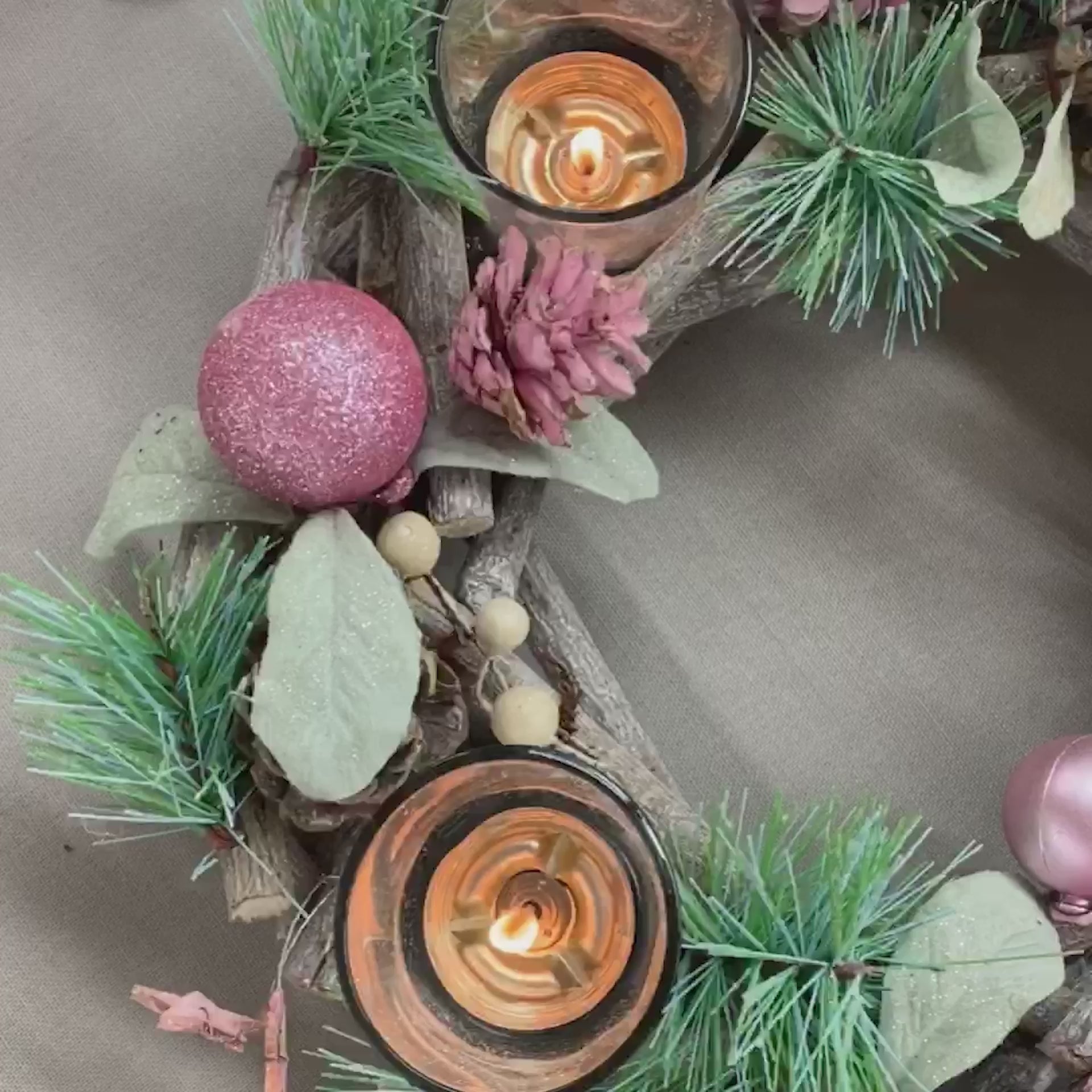 pink christmas wreath candle holder