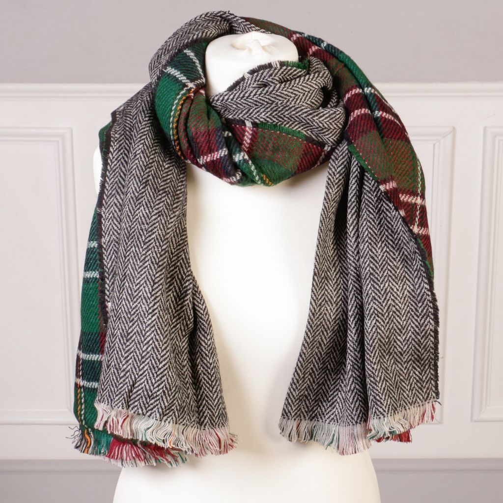 Reversible Navy & Green Plaid Herringbone Scarf