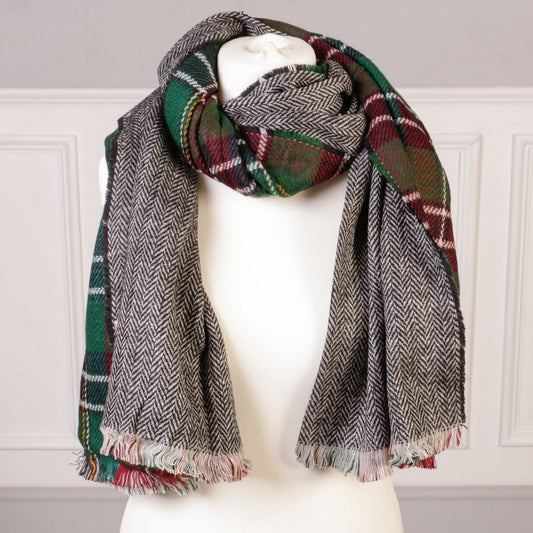 Reversible Navy & Green Plaid Herringbone Scarf