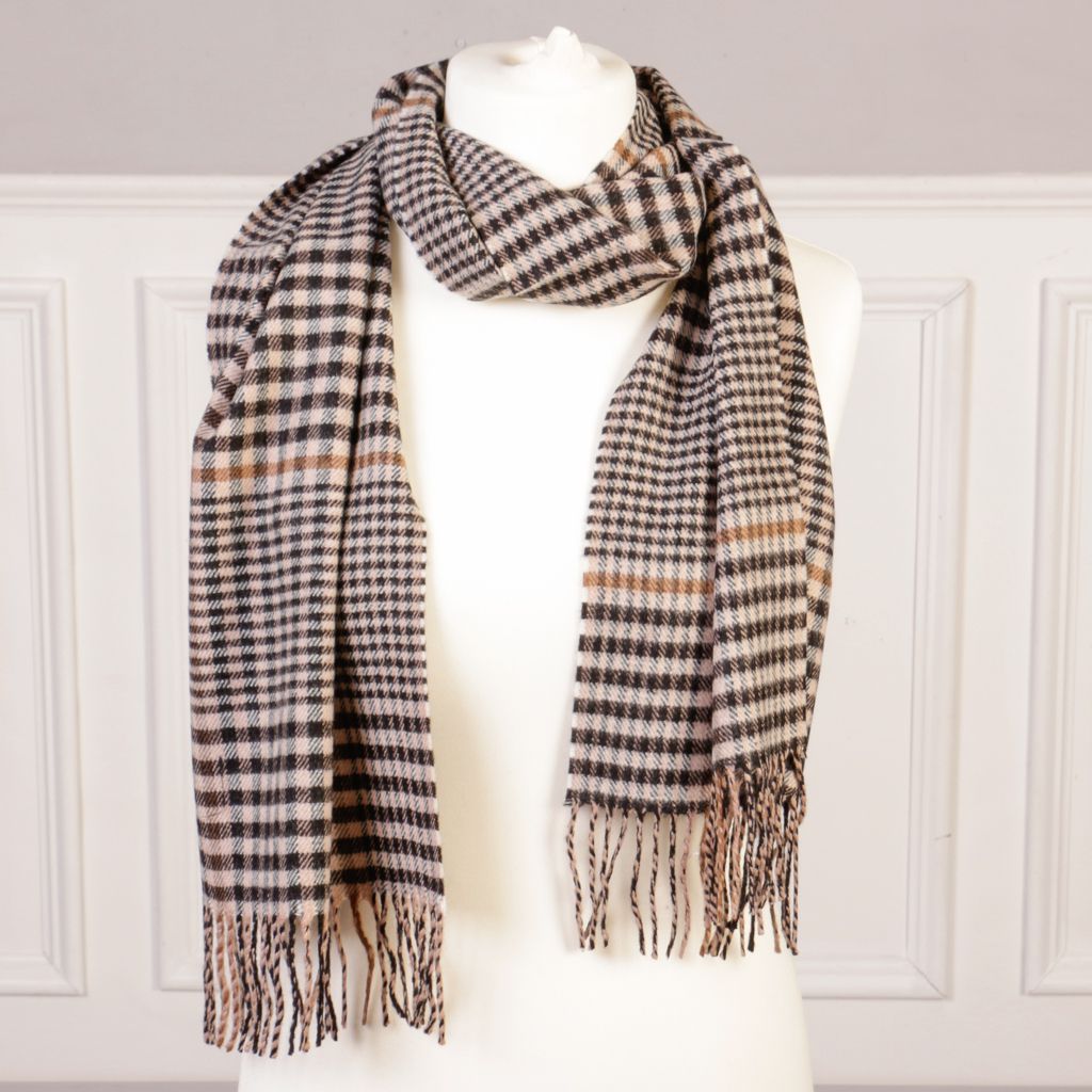 Fawn & Mahogany Shepard's Check Tassel Scarf