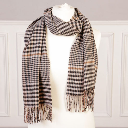 Fawn & Mahogany Shepard's Check Tassel Scarf