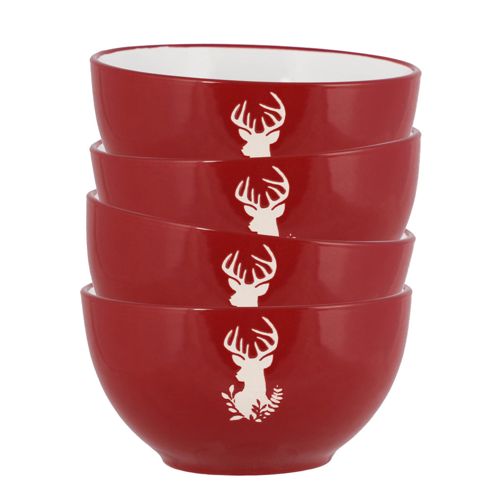 Set of 4 Red Stoneware Reindeer Bowls