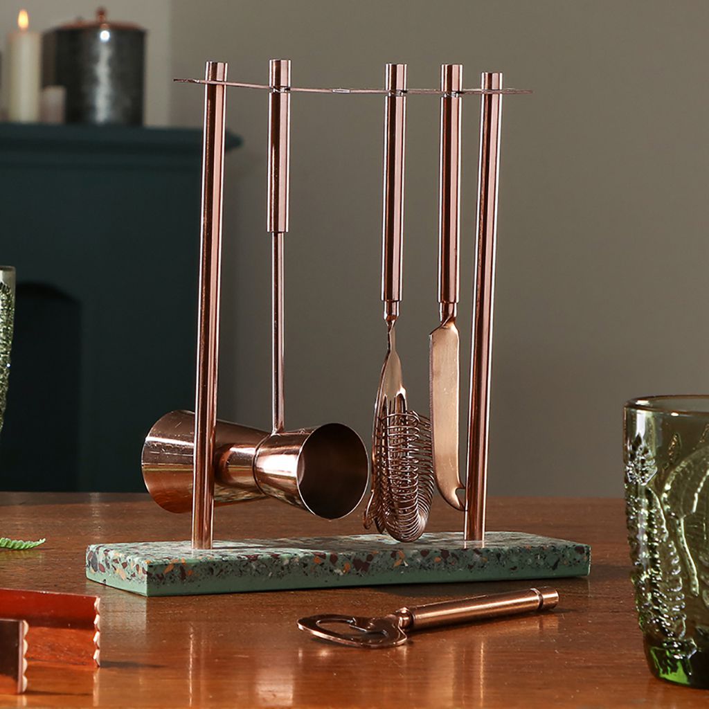 Contemporary Copper Barware Tool Set and Stand