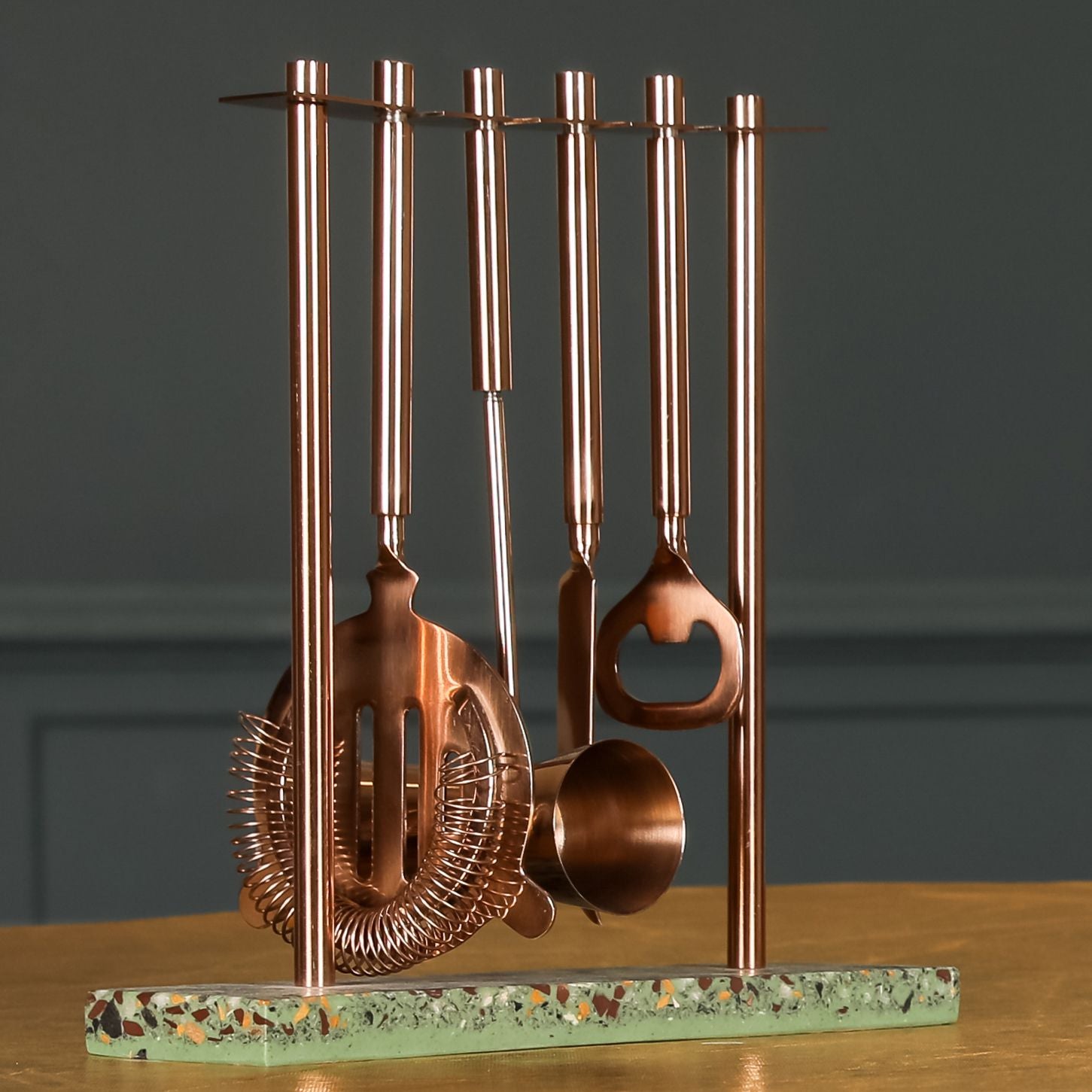 Contemporary Copper Barware Tool Set and Stand