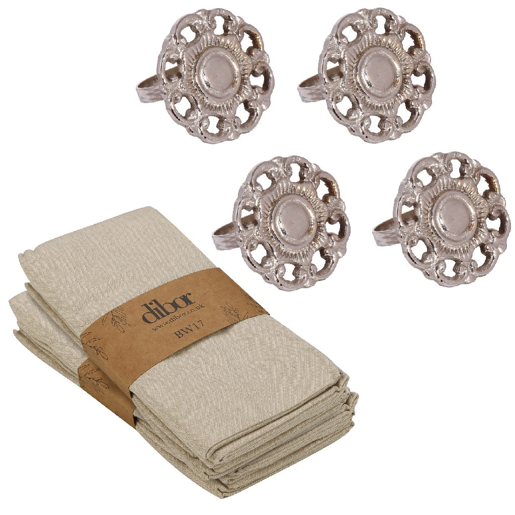 Set of 4 English Rose Napkin Rings & Napkins